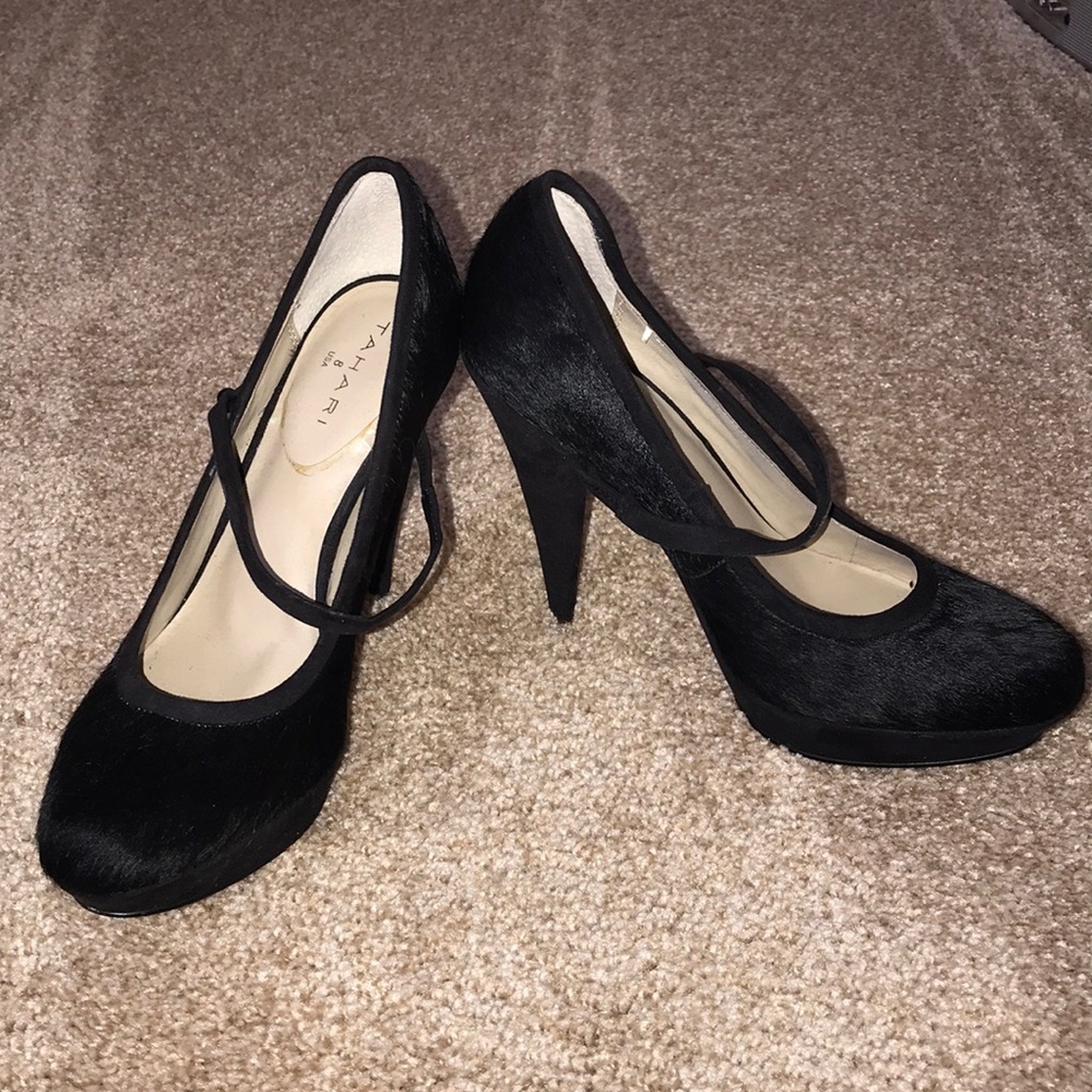 Tahari black fur heels